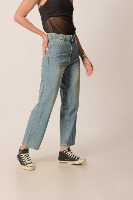 Womens Barrel Fit High Rise Jeans in Blue Tinted Wash with Comfortable Modern Style