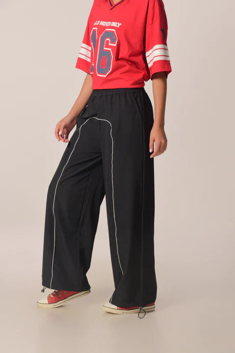 Blue Parachute Pants with Stylish Piping Detailing and Relaxed Comfortable Fit