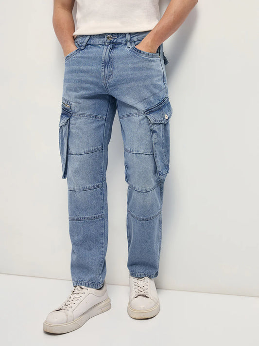 Streetwear Style Light Blue Cargo Jeans with Straight Fit and Utility Pockets