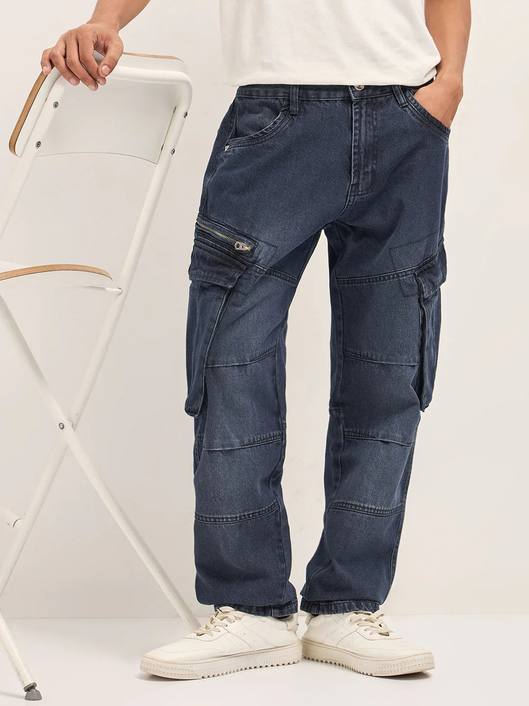 Relaxed Comfort Mid Blue Faded Straight Fit Cargo Jeans with Storage Pockets for Men
