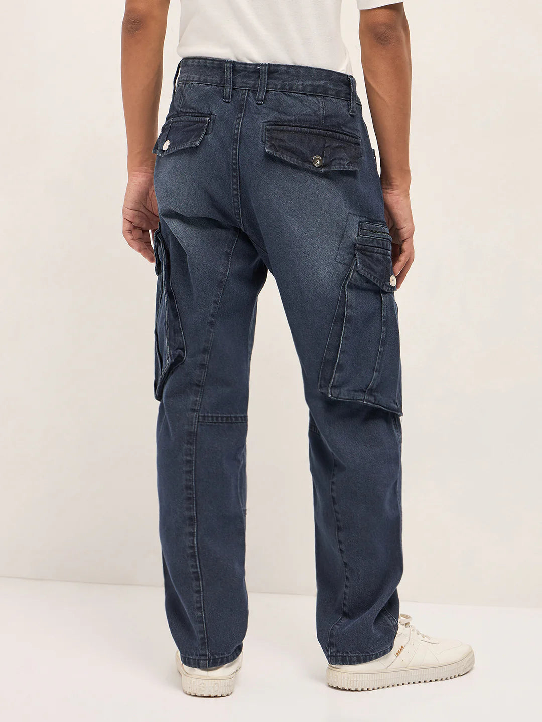 Relaxed Comfort Mid Blue Faded Straight Fit Cargo Jeans with Storage Pockets for Men