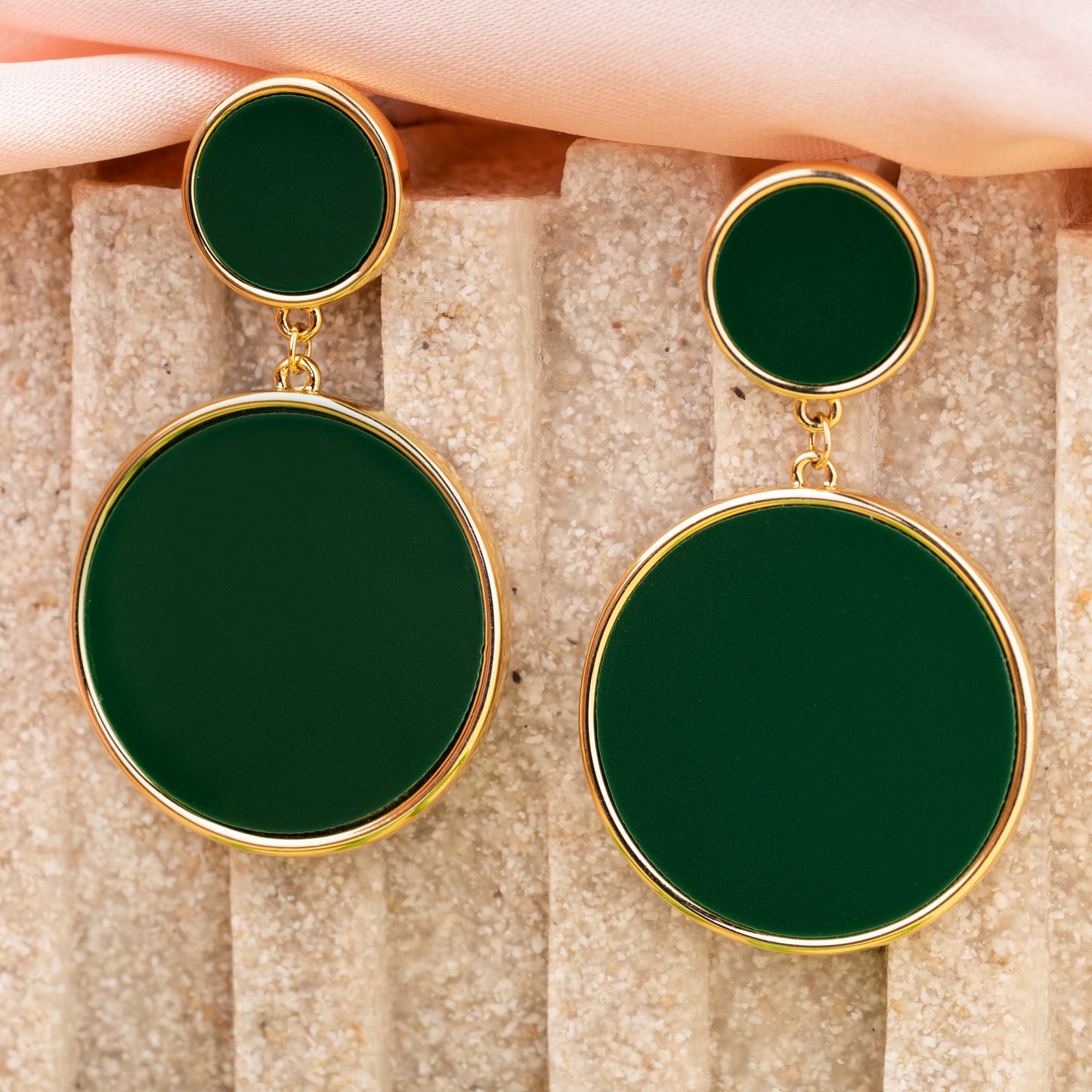 Trendy Brass Drop Earrings with Two-Layered Green Design