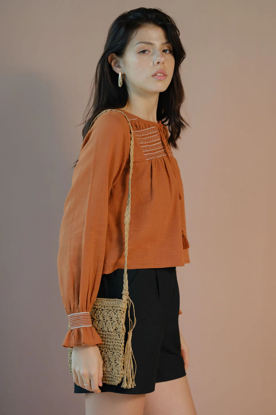 Versatile Women’s Cotton Balloon Sleeve Top with Detailed Embroidery for Layered or Standalone Wear