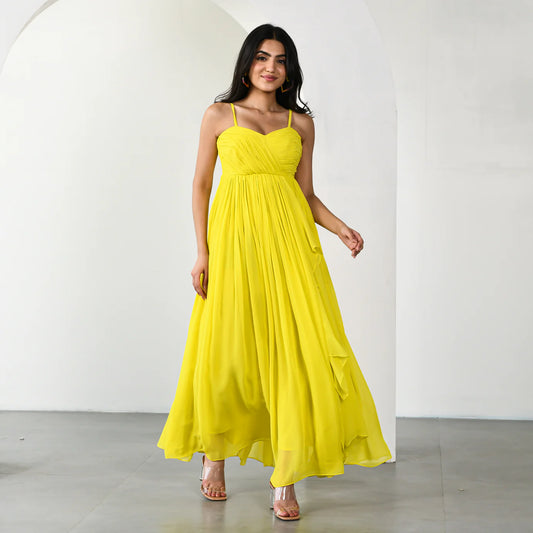 Daffodil Dream Long Dress for Women Elegant Floral Maxi Dress with Flowing Silhouette