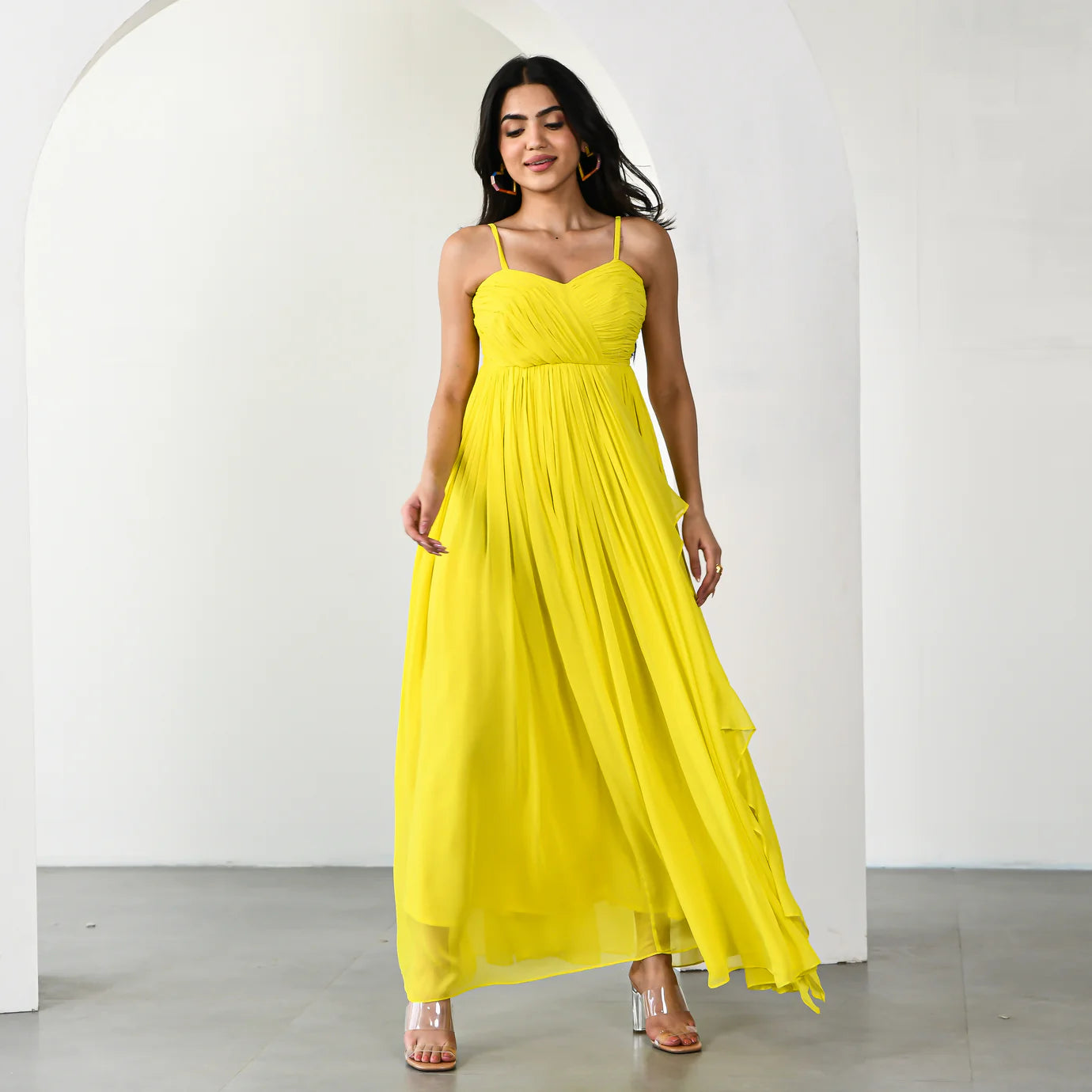 Daffodil Dream Long Dress for Women Elegant Floral Maxi Dress with Flowing Silhouette