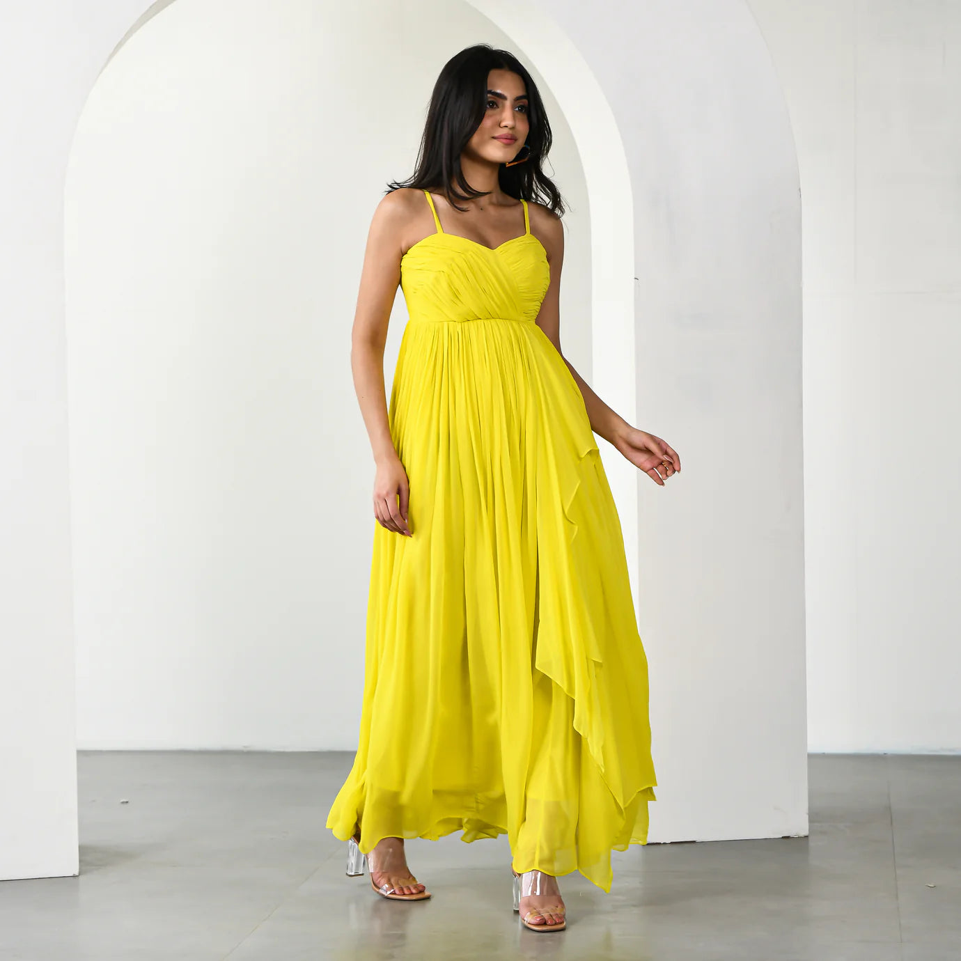Daffodil Dream Long Dress for Women Elegant Floral Maxi Dress with Flowing Silhouette