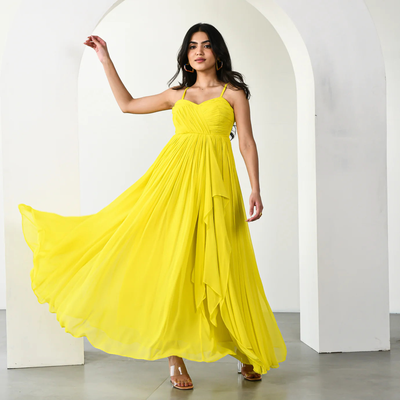 Daffodil Dream Long Dress for Women Elegant Floral Maxi Dress with Flowing Silhouette