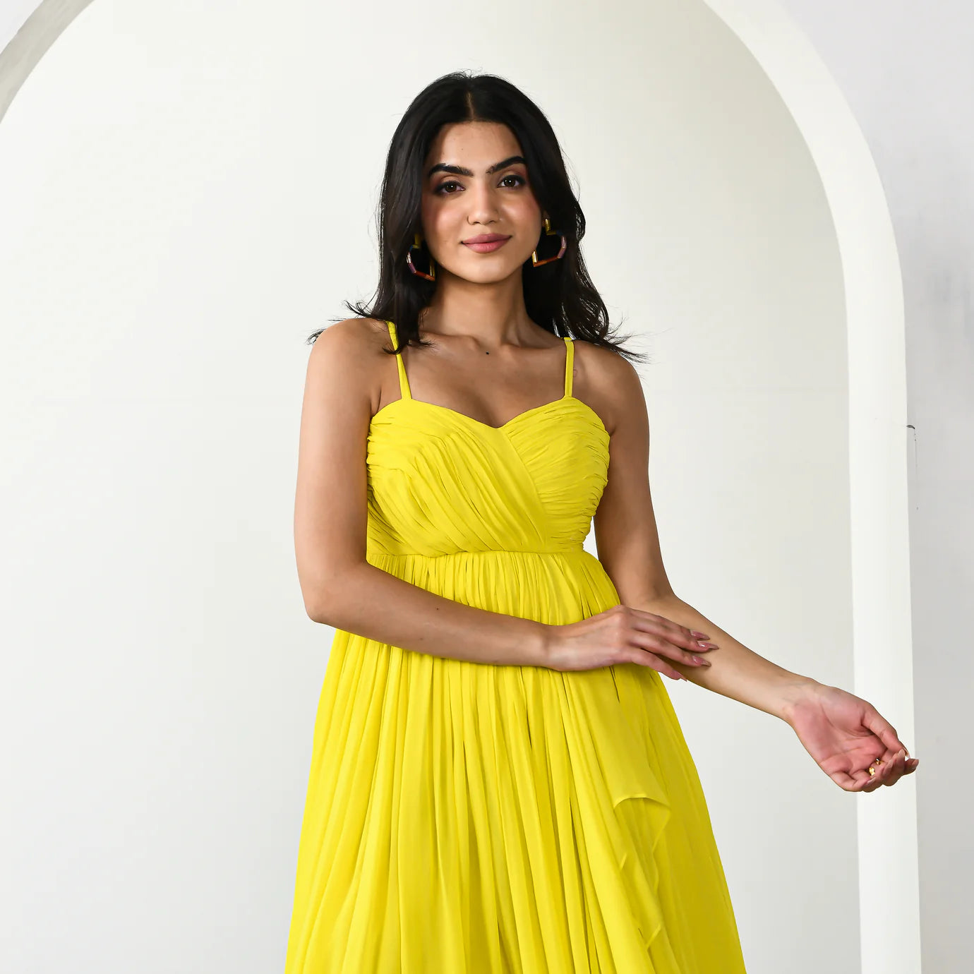 Daffodil Dream Long Dress for Women Elegant Floral Maxi Dress with Flowing Silhouette