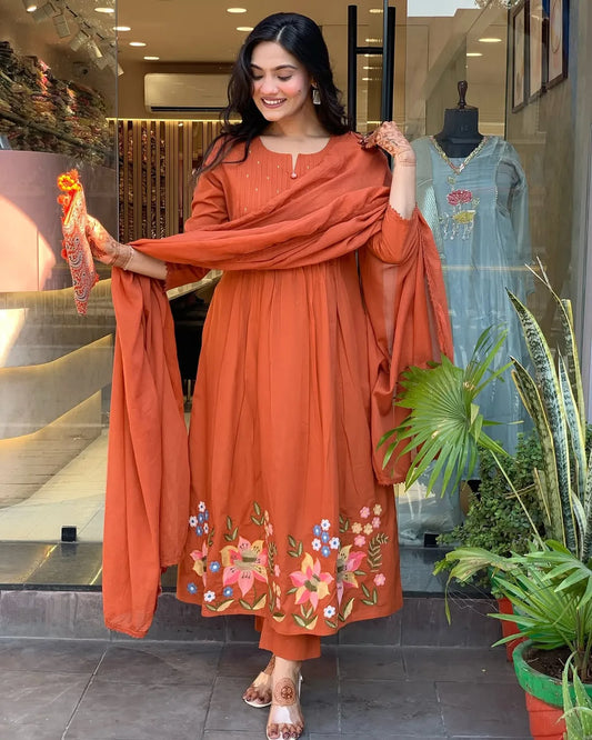Elegant Orange Mul Cotton Suit