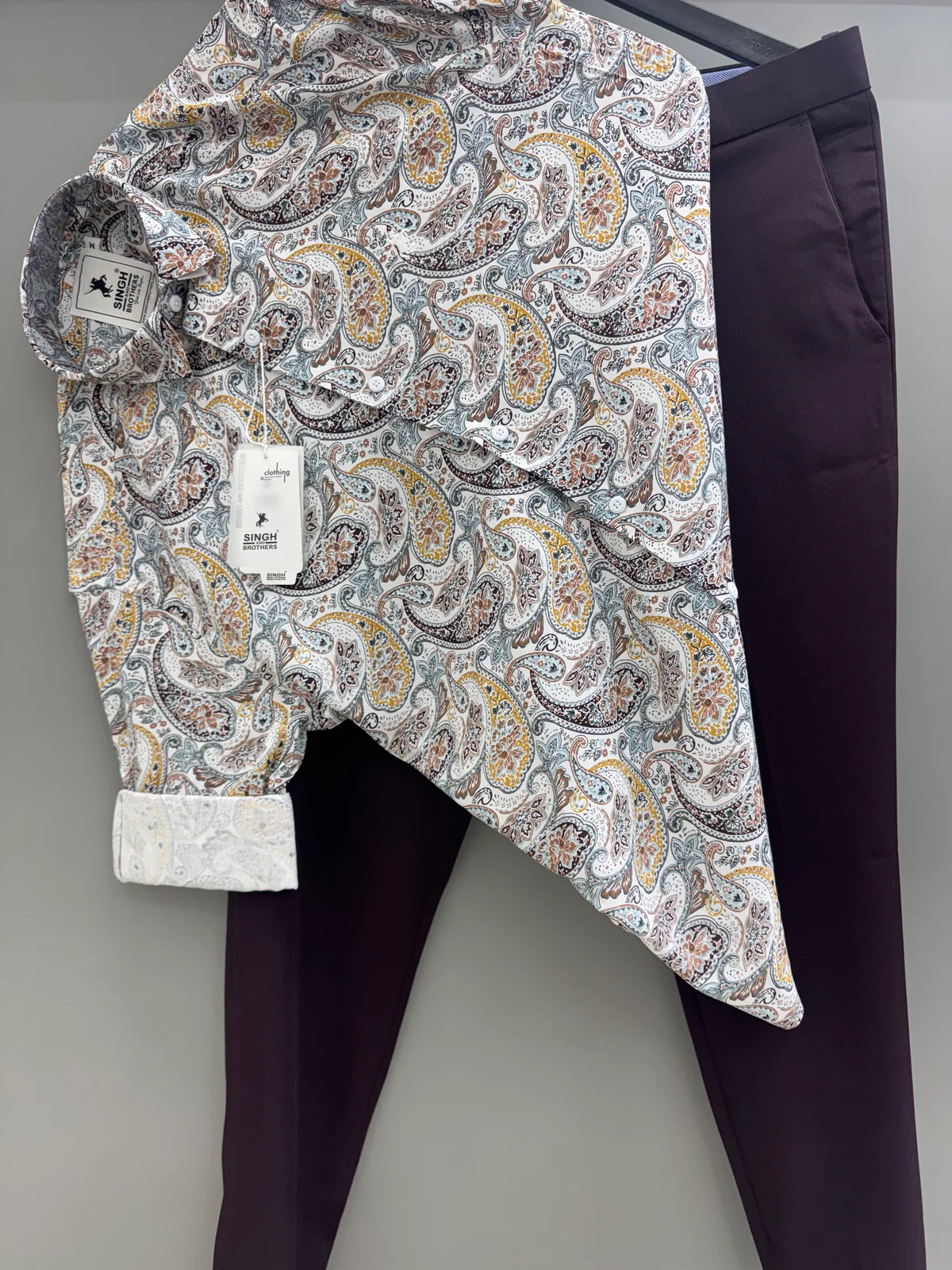 Stylish Blue Elephant Printed Shirt and Purple Formal Trousers for Men