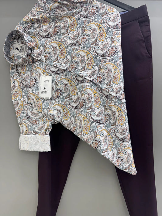 Stylish Blue Elephant Printed Shirt and Purple Formal Trousers for Men