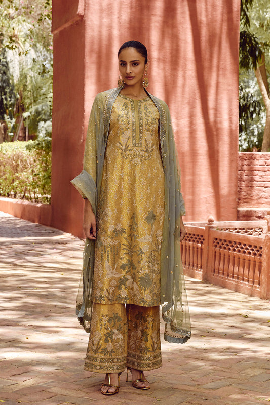 Stylish Gold Embroidered Silk Suit Set with Dupatta for Weddings, Celebrations, and Parties