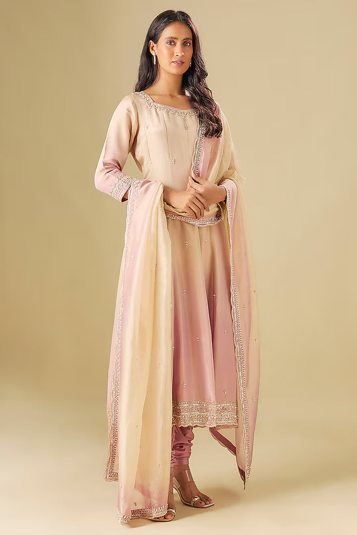 Stylish Tissue Georgette Ivory & Nude Pink Anarkali Ensemble with Hand Embellishments