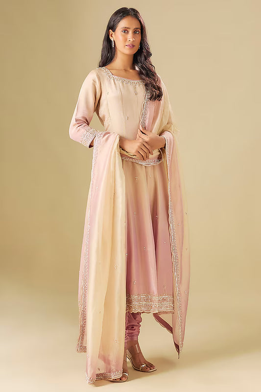Stylish Tissue Georgette Ivory & Nude Pink Anarkali Ensemble with Hand Embellishments
