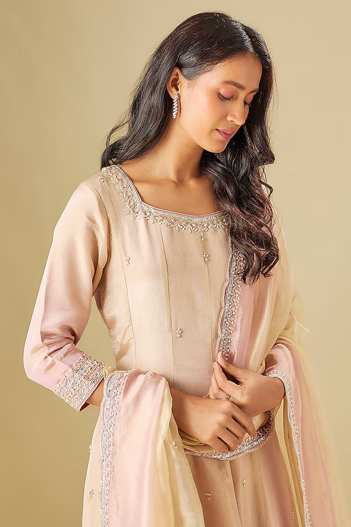 Stylish Tissue Georgette Ivory & Nude Pink Anarkali Ensemble with Hand Embellishments
