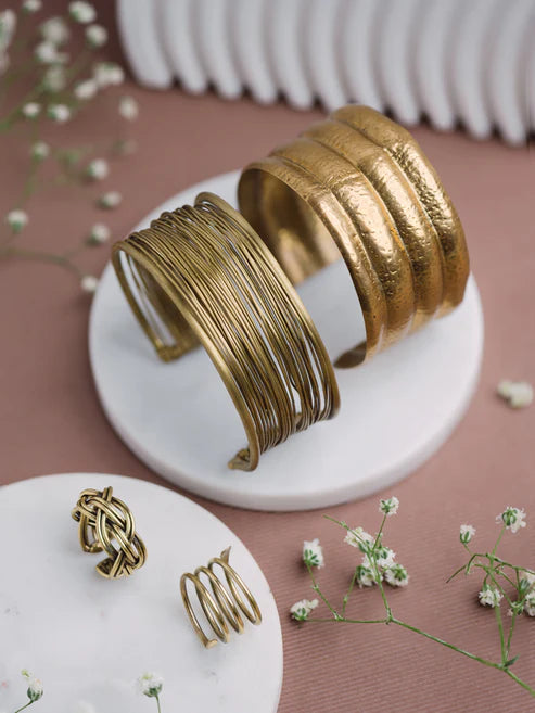 Trendy Quad Wired Brass Combo Pack of 2 Bracelets and 2 Rings – Anti-Tarnish Jewelry Set