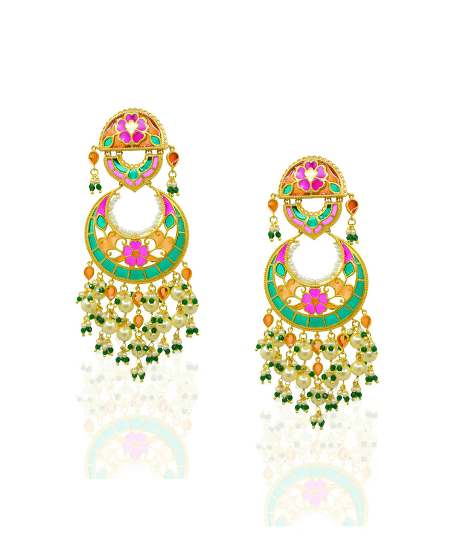 Traditional Phulkari Chandbali Earrings in Vibrant Multi Feroza Shades