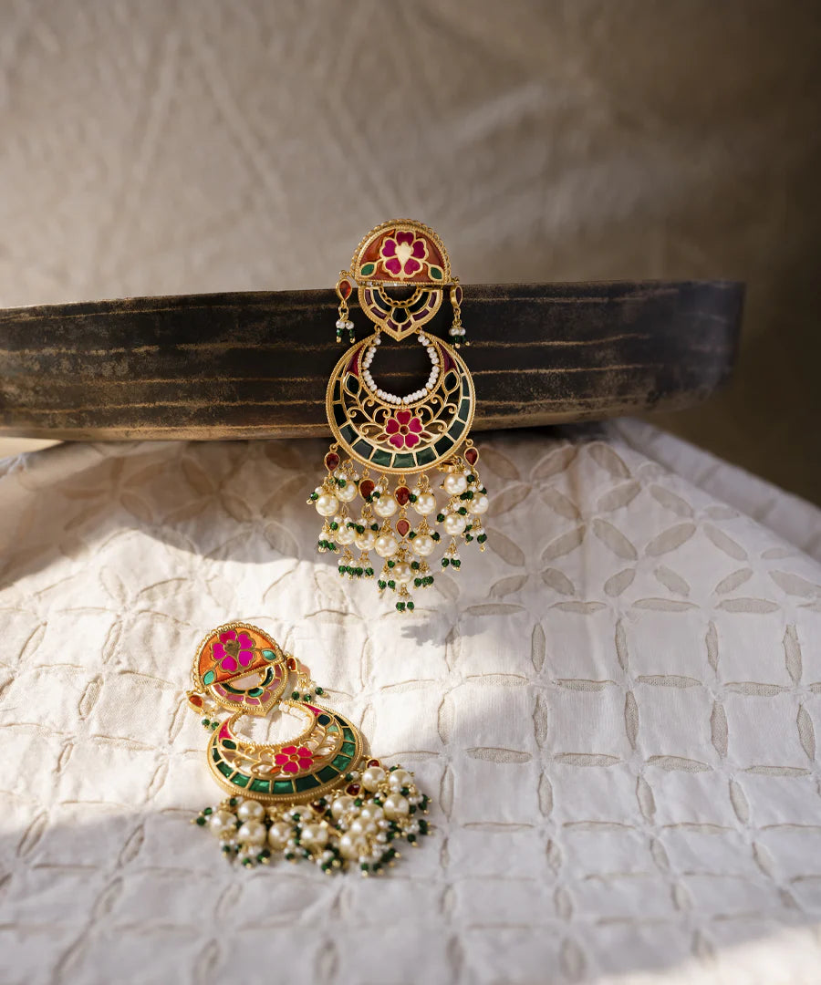 Traditional Phulkari Chandbali Earrings in Vibrant Multi Feroza Shades