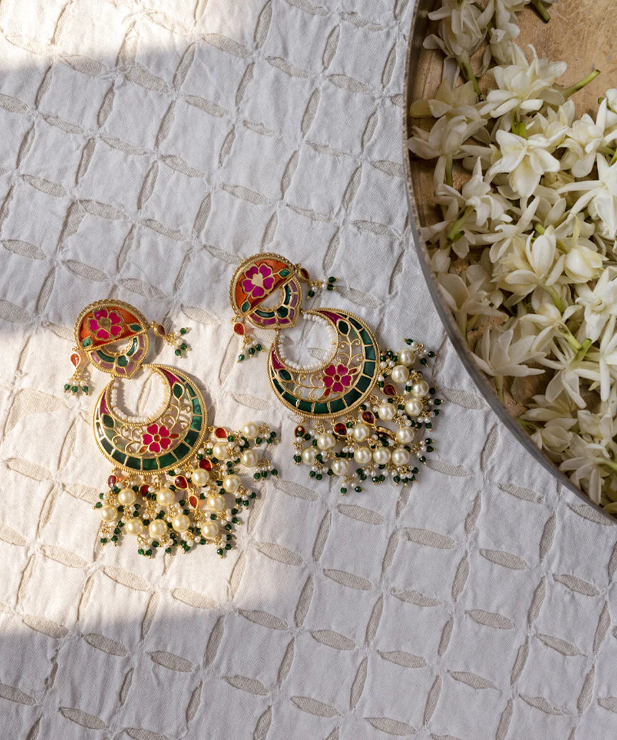 Traditional Phulkari Chandbali Earrings in Vibrant Multi Feroza Shades