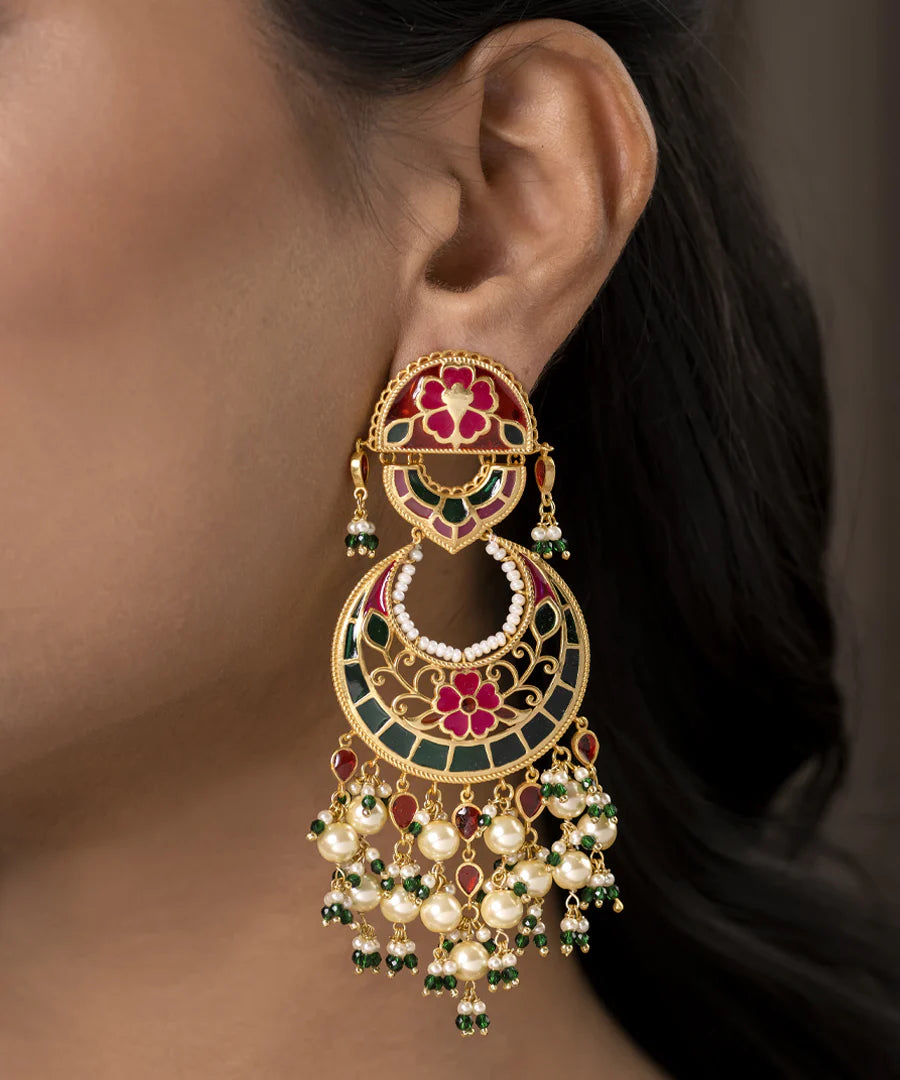 Traditional Phulkari Chandbali Earrings in Vibrant Multi Feroza Shades