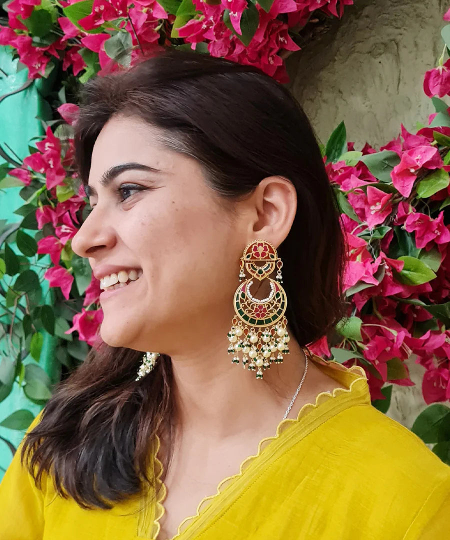 Traditional Phulkari Chandbali Earrings in Vibrant Multi Feroza Shades