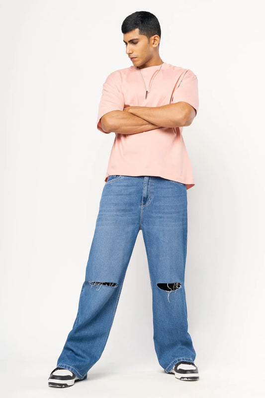 Blue Knee Slit Men’s Baggy Straight Jeans Stylish Distressed Denim for Modern Streetwear
