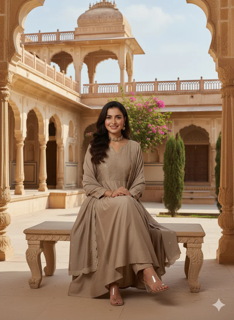 Women’s Festive Wear Cream Silk Blend Anarkali Kurta with Dupatta