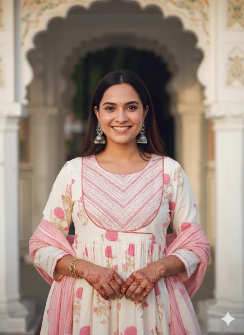 Soft Fabric White and Pink Floral Anarkali Kurta with Matching Pants and Dupatta