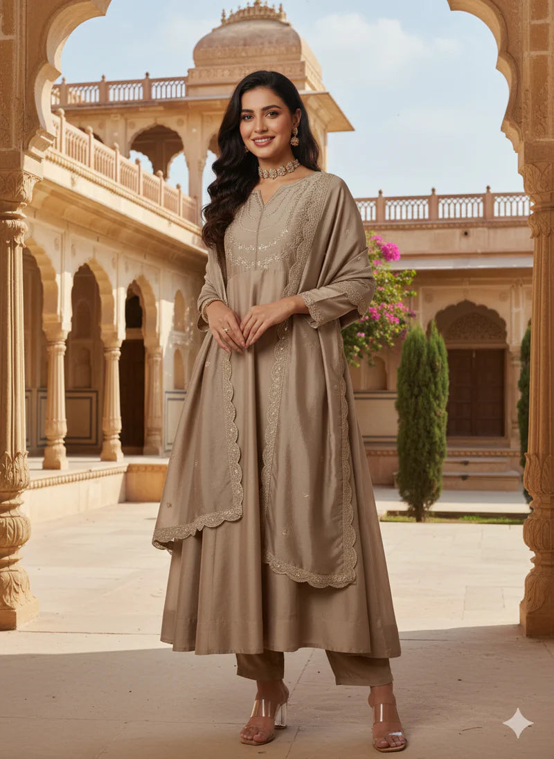 Women’s Festive Wear Cream Silk Blend Anarkali Kurta with Dupatta
