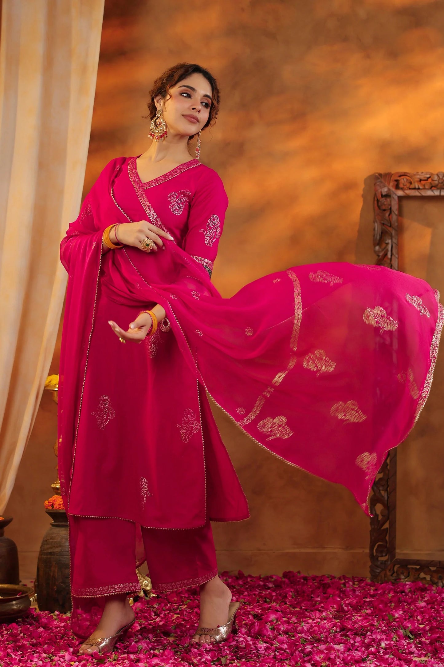 Luxury Gold Print Kurta Set with Pant and Dupatta for Women Partywear and Traditional Events