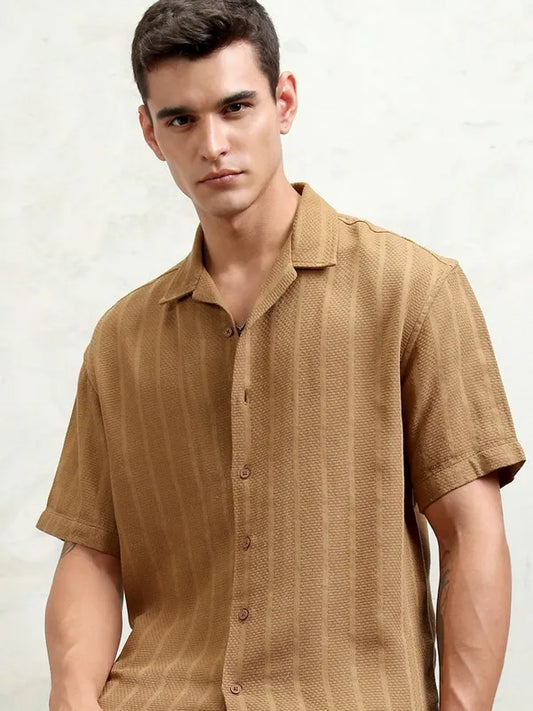 Men’s Oversized Fit Brown Striped Casual Shirt with Soft and Breathable Fabric