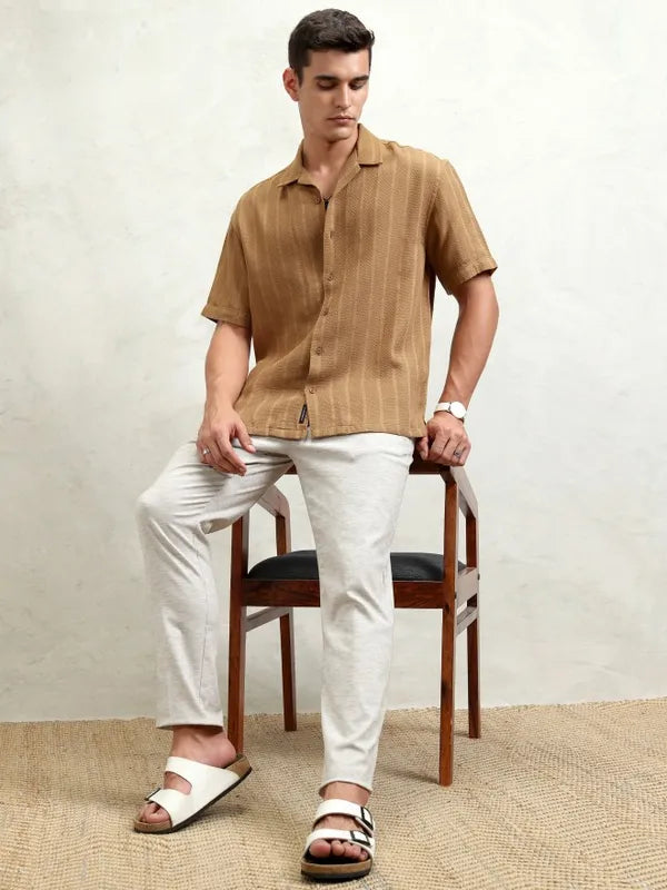 Men’s Oversized Fit Brown Striped Casual Shirt with Soft and Breathable Fabric