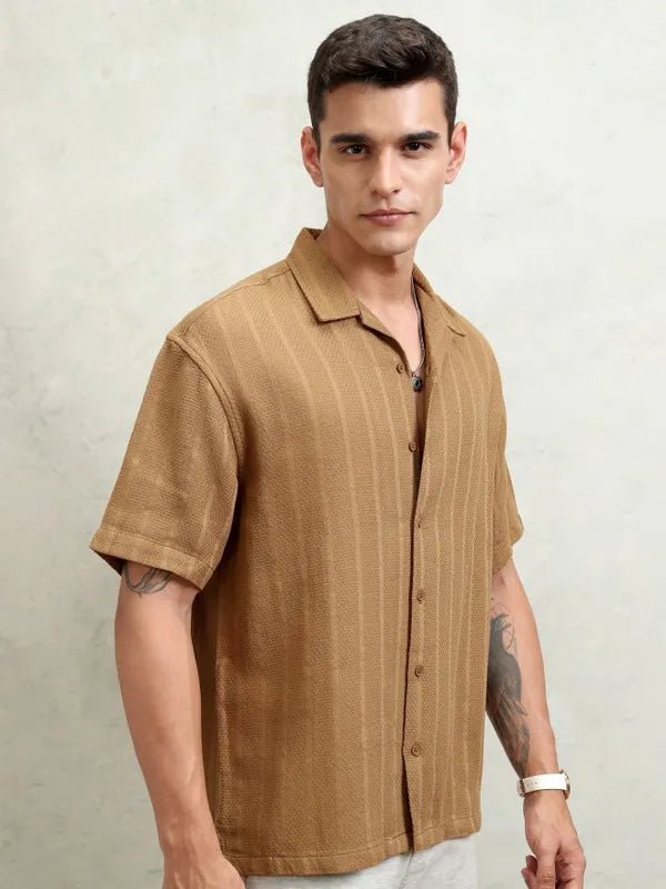 Men’s Oversized Fit Brown Striped Casual Shirt with Soft and Breathable Fabric