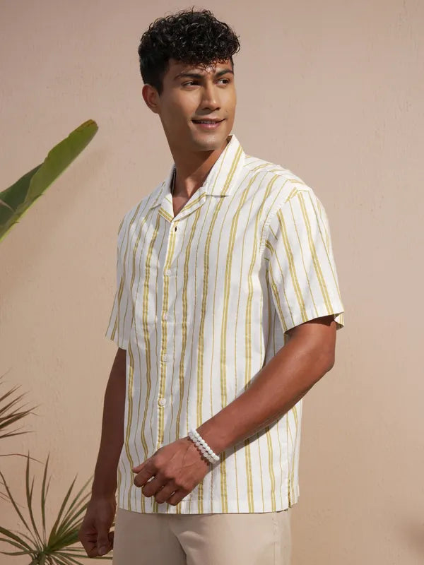 Comfortable Men Olive Striped Oversized Fit Shirt for Daily Wear