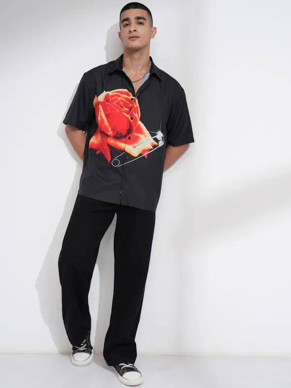 Men’s Relaxed Fit Black Printed Casual Shirt for Indoor and Outdoor Activities
