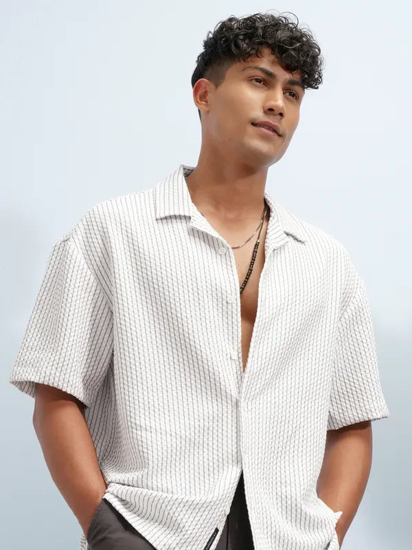 Fashionable Men’s White Self Design Oversized Fit Shirt for Parties and Casual Looks