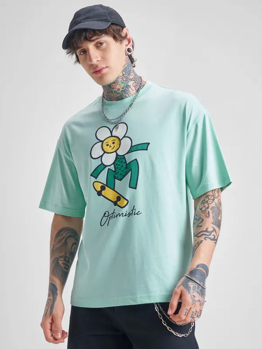 Green Printed Round Neck Casual Oversized T Shirt for Men Ideal for Everyday Wear