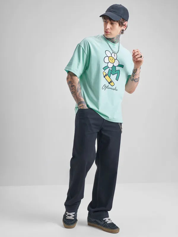 Green Printed Round Neck Casual Oversized T Shirt for Men Ideal for Everyday Wear