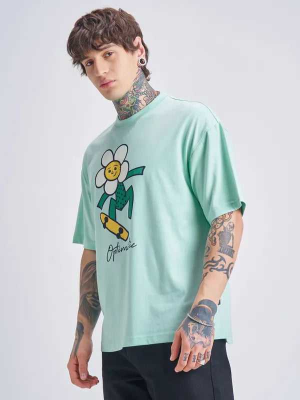 Green Printed Round Neck Casual Oversized T Shirt for Men Ideal for Everyday Wear