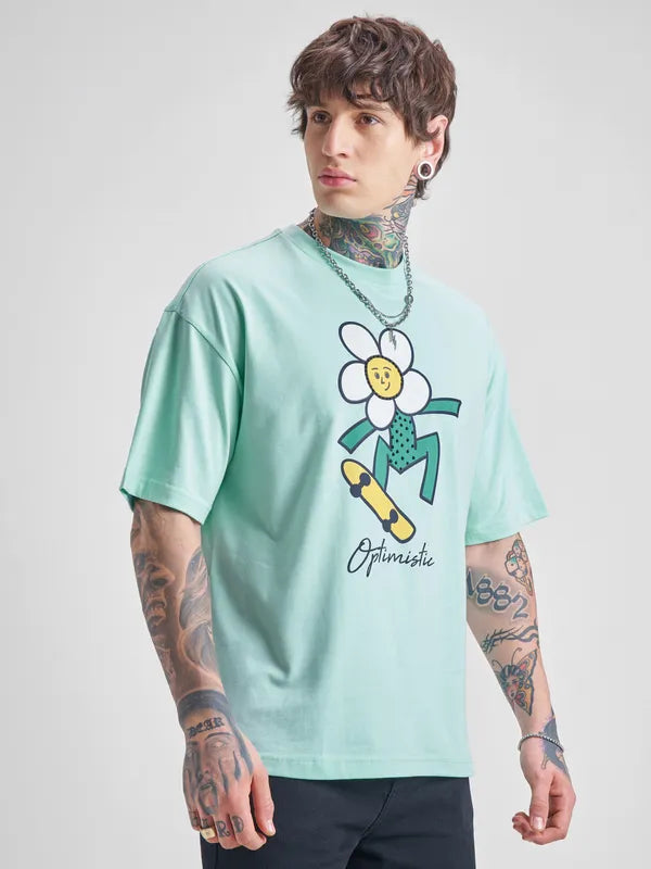Green Printed Round Neck Casual Oversized T Shirt for Men Ideal for Everyday Wear