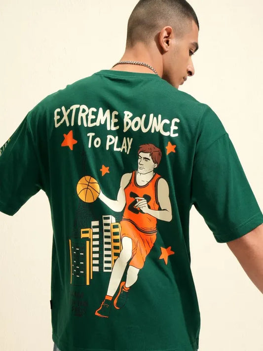 Green Oversized Fit T Shirt for Men with Bold Printed Pattern and Relaxed Style