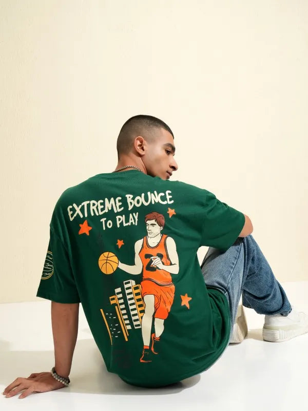 Green Oversized Fit T Shirt for Men with Bold Printed Pattern and Relaxed Style