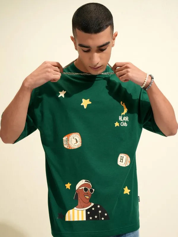Green Oversized Fit T Shirt for Men with Bold Printed Pattern and Relaxed Style
