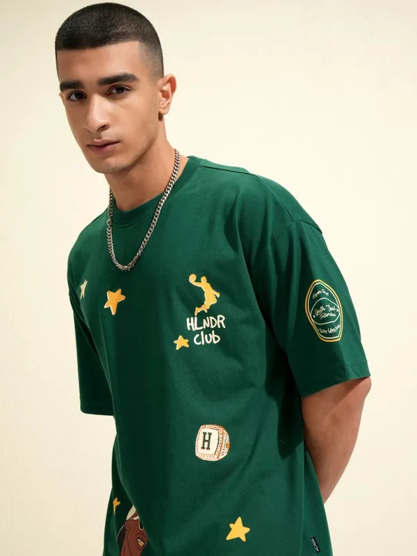 Green Oversized Fit T Shirt for Men with Bold Printed Pattern and Relaxed Style