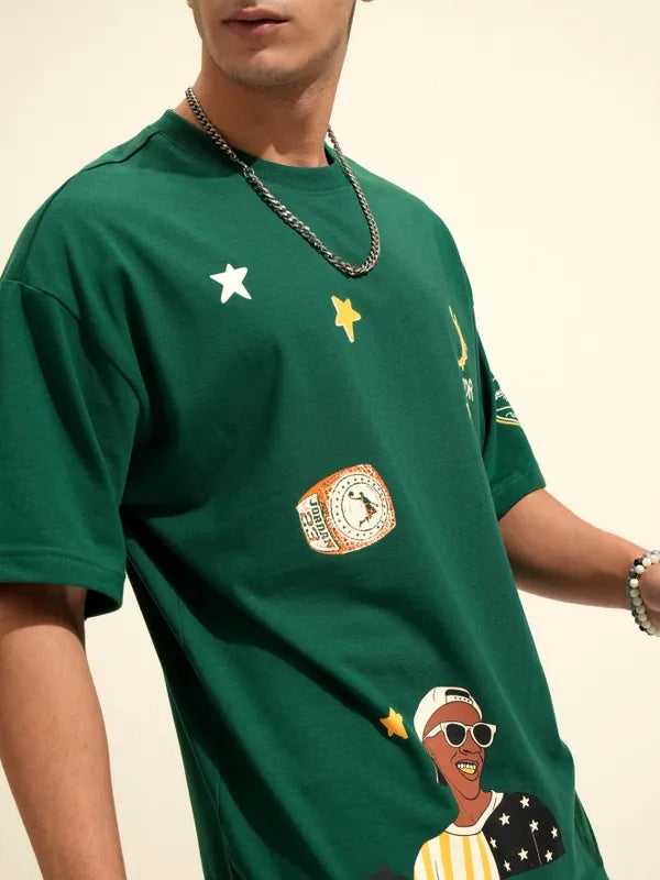 Green Oversized Fit T Shirt for Men with Bold Printed Pattern and Relaxed Style