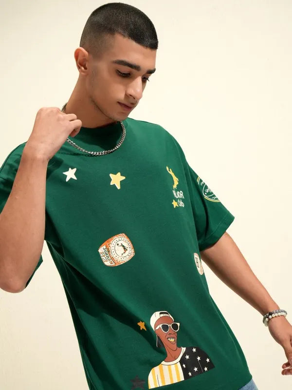 Green Oversized Fit T Shirt for Men with Bold Printed Pattern and Relaxed Style
