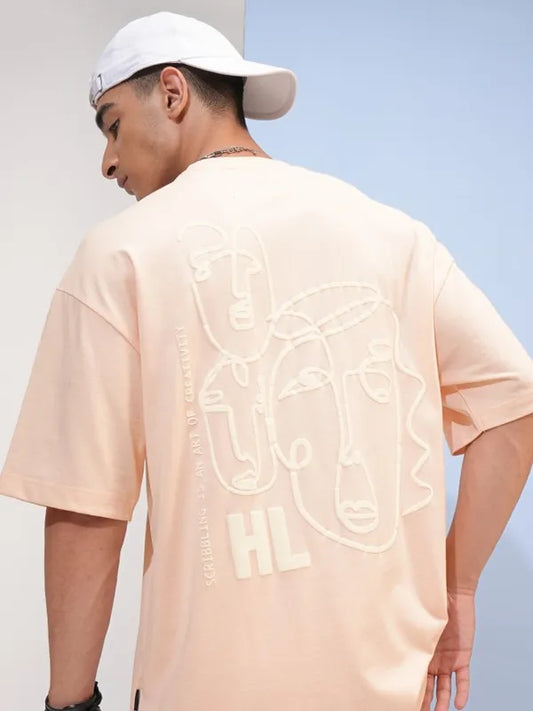 Fashionable Oversized Peach Color Printed T-Shirt for Men