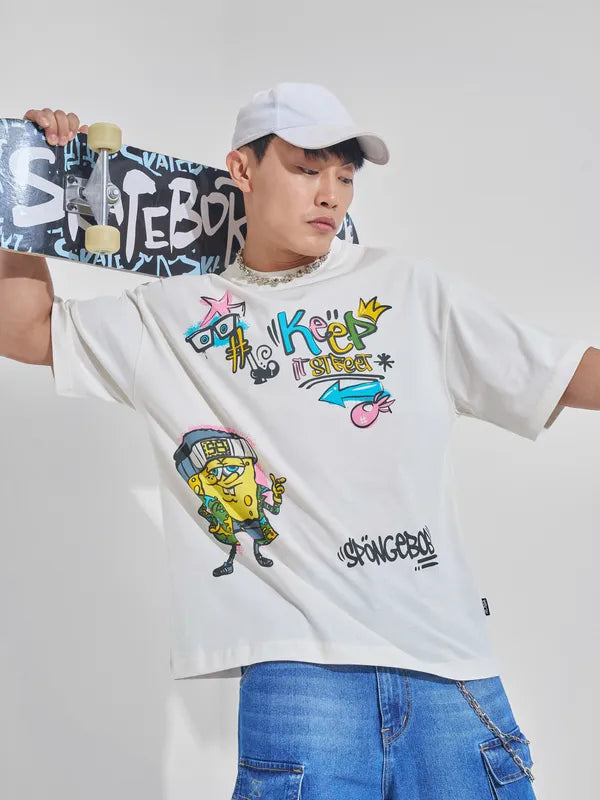 Off White Spongebob Squarepants Graphic Print Round Neck Oversized T Shirt for Men