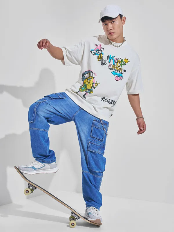 Off White Spongebob Squarepants Graphic Print Round Neck Oversized T Shirt for Men