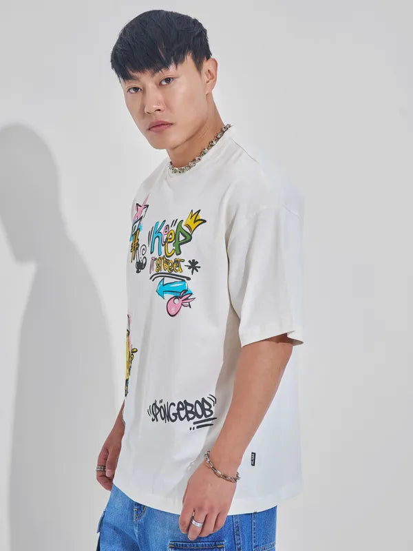 Off White Spongebob Squarepants Graphic Print Round Neck Oversized T Shirt for Men